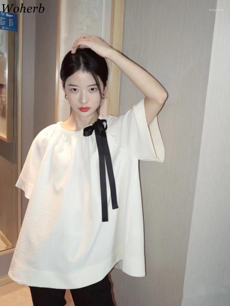 

Women's Blouses Woherb Summer Sexy Fashion Lace-up Shirt Women Loose O Neck Tops 2023 Pleated Bow Tie Short-sleeved Chic T-shirt, White