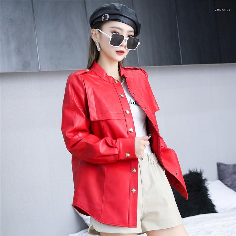 

Women's Leather Office Spring Lady Sheepskin Red Long Sleeve Jacket Natural Stand Collar Slim Jackets Tops Streetwear Fashion Coat, Black