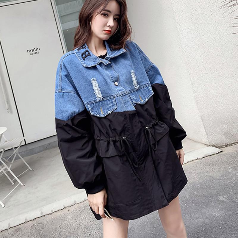 

Women' Jackets Stitching Fake Two-Piece Denim Jacket 2023 Turn-Down Collar Embroidery Letter Loose Women Single-Breasted Coats Outerwear, Black
