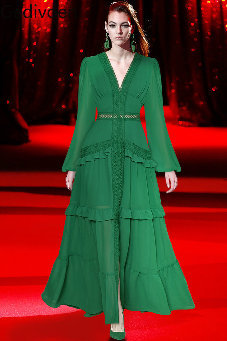 

Casual Dresses Gedivoen Fashion Designer dress Autumn Women's Dress V-Collar Lantern sleeve Hollow Ruffles Casual Green Maxi Dresses 230313, Rose red