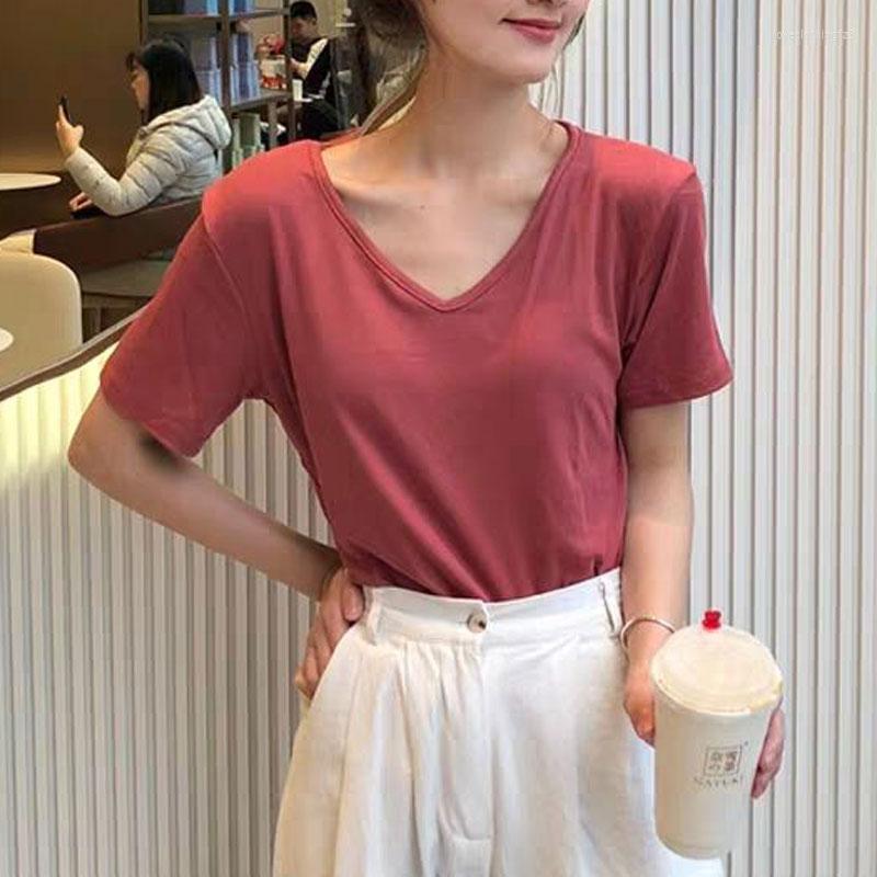 

Women' T Shirts Summer Korean High Quality Solid Color Pure Cotton T-shirts Female Vintage Casual Tops Short Sleeve V-neck Slim Tee, Black