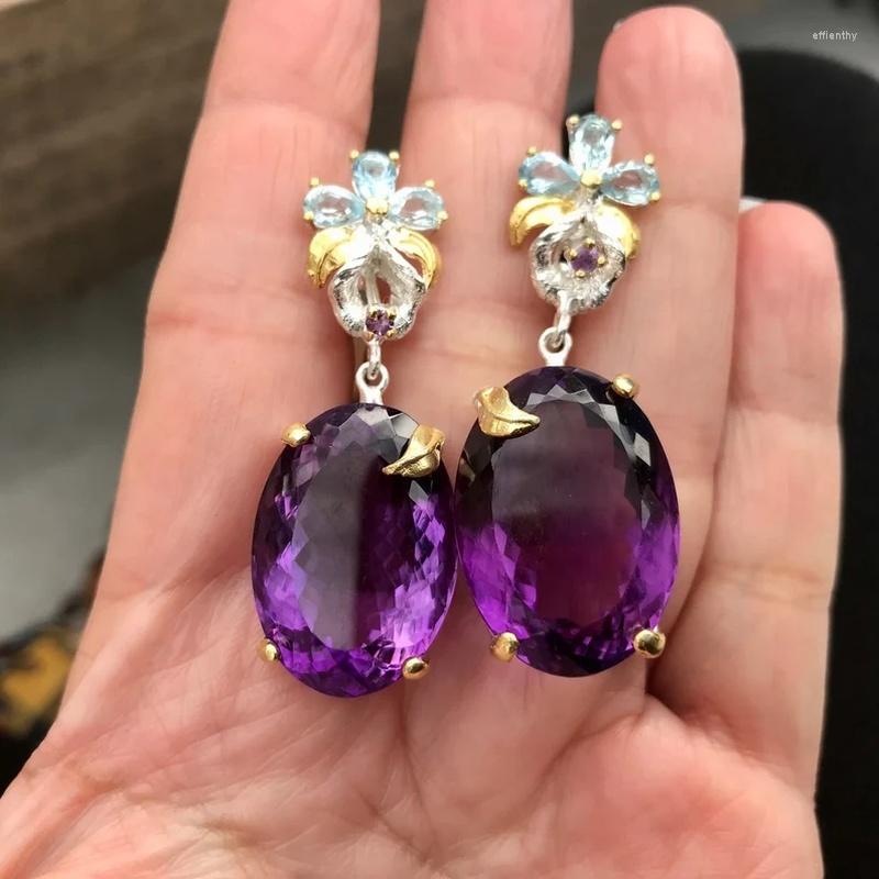 

Dangle Earrings Exquisite Oval Purple Zircon Trendy Metal Two Tone Inlaid Sea Blue Stone Flower Jewelry