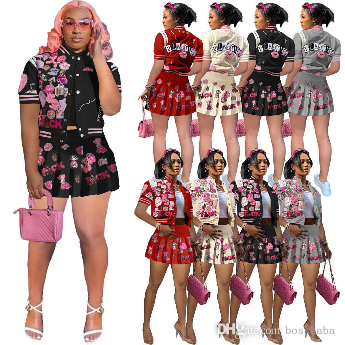 

2023 Summer Womens Tracksuits Two Piece Skirts Set Designer Printed Short Sleeve Baseball Bomber Jacket Pleated Skirts Suit Clothing Casual Active Sportswear, Black8