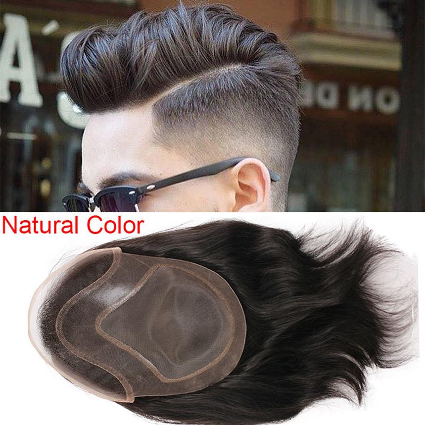 

2021 Mens Toupee Hair PU with French Lace Wigs For Men European Remy Hu Hair Replacement Systems Hairpiece 10x8inch269D, Natural color