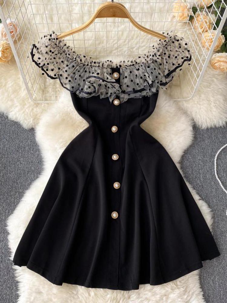 

Casual Dresses Summer French Black Mini Dress Women Sleeveless Sexy Off Shoulder Lotus Leaf Edge Single Breasted High Waist Club Short