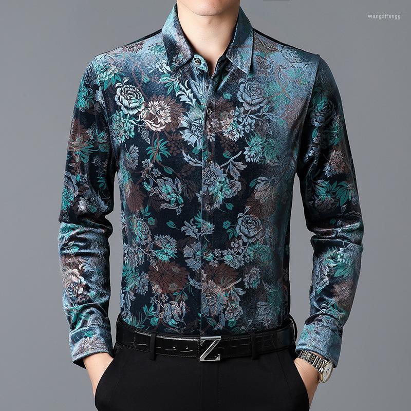 

Men's Casual Shirts Luxury Flowers Velvet Dress For Mens Brown Business Velour Clothing Men Husband Work Office Wear Winter Warm Blouse, Black