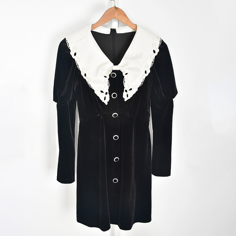 2023 Spring Black Contrast Color Embroidery Velour Dress Long Sleeve Peter Pan Neck Panelled Short Casual Dresses Brand Same Style Designer W3M13079
