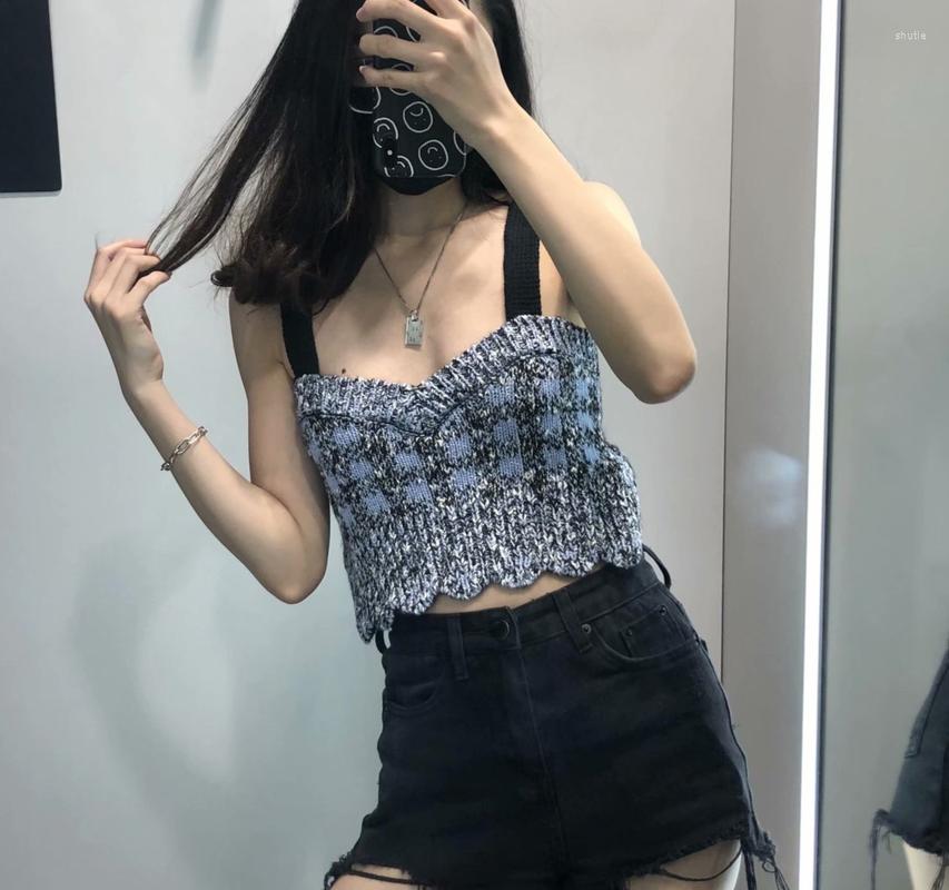 

Women' Tanks Suspenders Retro Square Collar Sleeveless Bottoming Plaid Halter Female Top Women' Fashion Texture Short Tweed Knitted, Blue