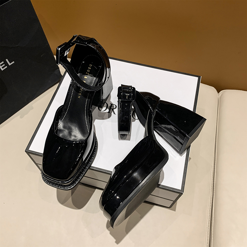 

Dress Shoes Lace Bowknot Pearls Strap Platform Pump Thick Heels Mary Jean Woman Square Toe High Heeled Ladies 230313, Black