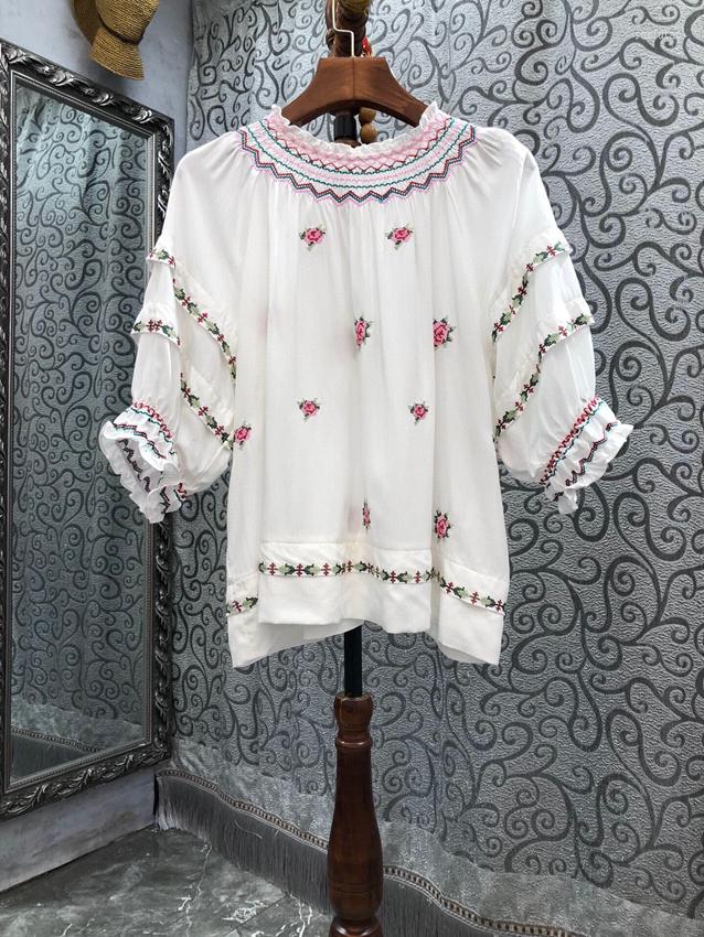 

Women' Blouses 2023 Women Fashion Medium Sleeve Sexy Embroidery Straight Loose Top Shirt 0211