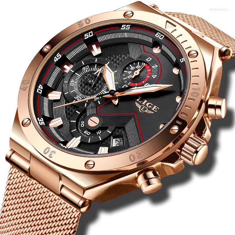 

Wristwatches LIGE Top Mens Watch Quartz Sports Stainless Steel Mesh Belt Men Wrist Casual Waterproof Man Relogio Masculino, Blue black