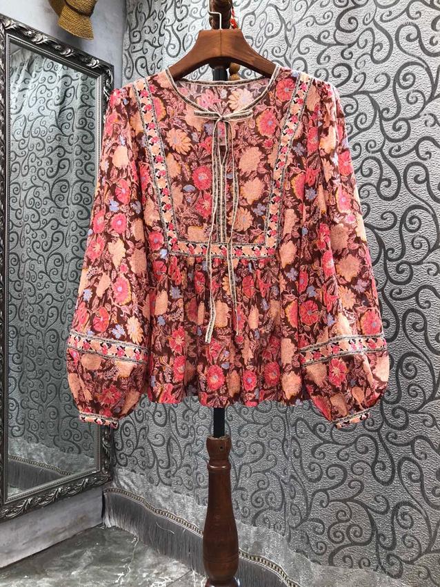 

Women' Blouses 2023 Women Fashion Lantern Long Sleeve Neckline Strap Full Body Print High-end Shirt 0211