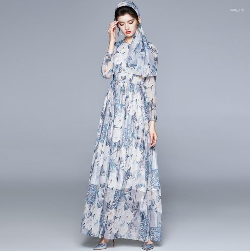 

Casual Dresses 2023 Summer Runway Women Maxi Dress Elegant Floral Print Boho Beach Vacation Chiffon Big Swing Pleated Long With Scarf, Picture color