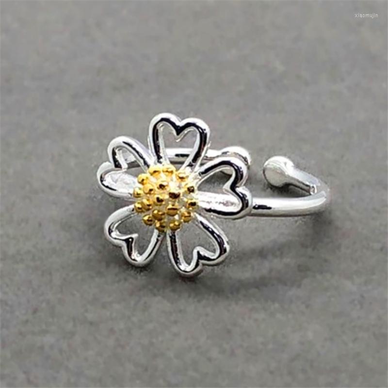 

Cluster Rings Promotion Ethnic Plant Hollow Flower Golden Cute Daisy Opening Adjustable Ring 925 Sterling Silver Jewelry For Women Female