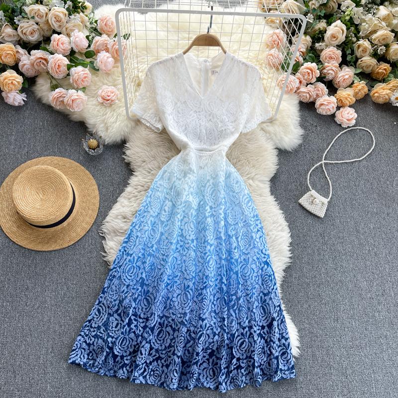 

Party Dresses Summer Gradient Lace Dress Spring Elegant V-neck Short Sleeve Floral Blue Fit And Flared Calf Long