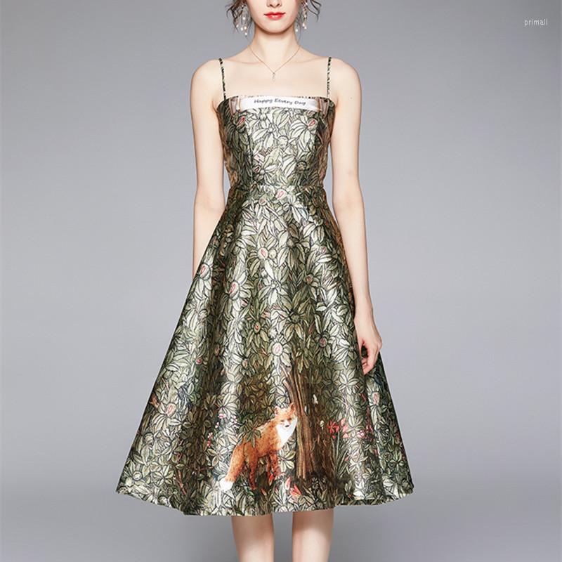 

Casual Dresses Menahem 2023 Summer Runway Green Floral Dress Women Sexy Spaghetti Strap Backless Zipper Animal Flower Print Elegant Vestidos, Army green