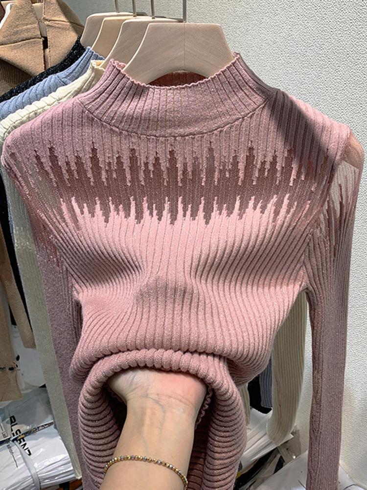 

Women' Sweaters European High Neck Sweater Women' Autumn And Winter Thickened Warmth Lace Mesh Perspective Sexy Top Long Sleeved, Black
