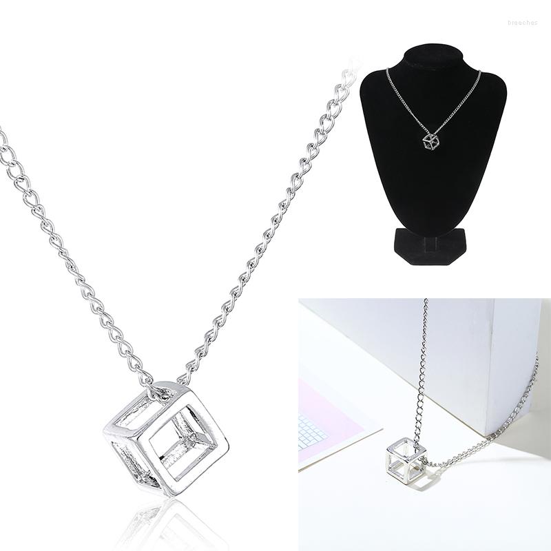 

Pendant Necklaces Simple Fashion Hollow Cube Necklace Men Punk Titanium Steel Long Chain Silver Color Wild