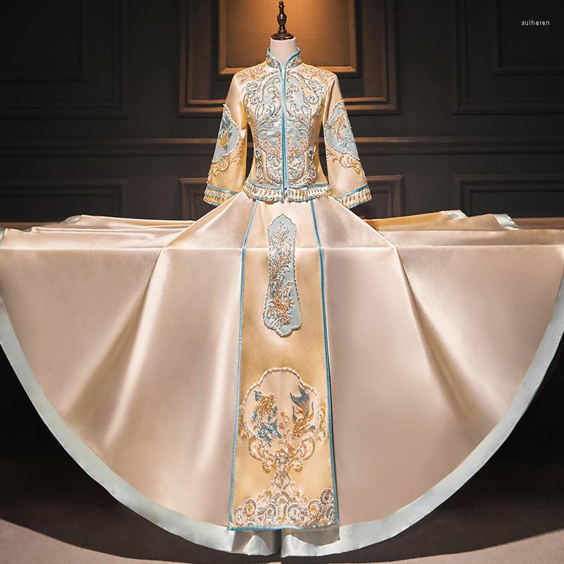 

Ethnic Clothing Exquisite Beige Beaded Embroidery Satin Marry Cheongsam Traditional Chinese Bride Groom Wedding Dress Vestito Da Sposa