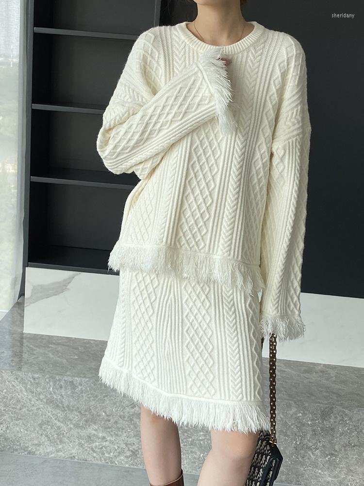 

Work Dresses Tassel Long Sleeves Sweater Pullover With Knitted Skirt Female Fashion 2 Pieces Sets 2023 Autumn Winter H353, Black