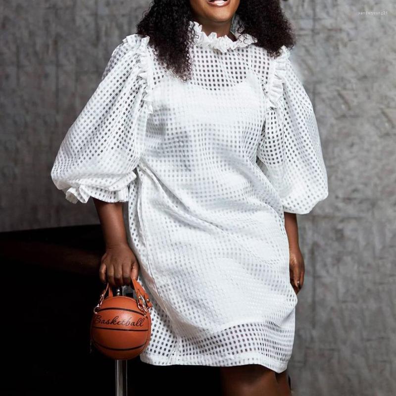 

Party Dresses 2023 Spring Winter Dress Loose Lantern Sleeve Hook Flower Hollow Office Lady Casual Fashion Elegant For Women, White