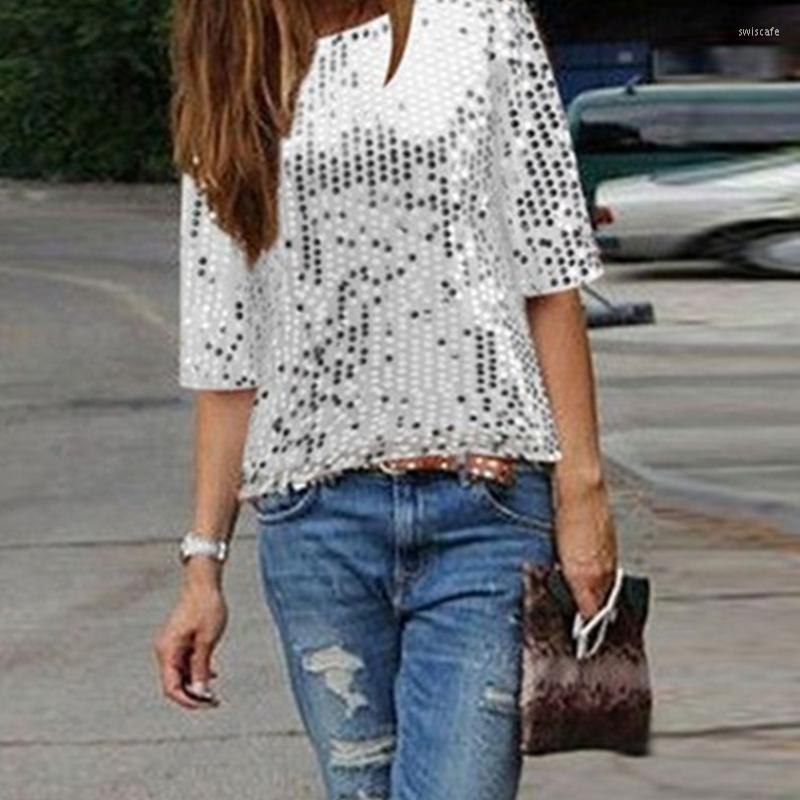 

Men's T Shirts European And American 2023 Casual Streetwear Sexy Off Shoulder Sequins Fashion Lady T-shirt For Women, White