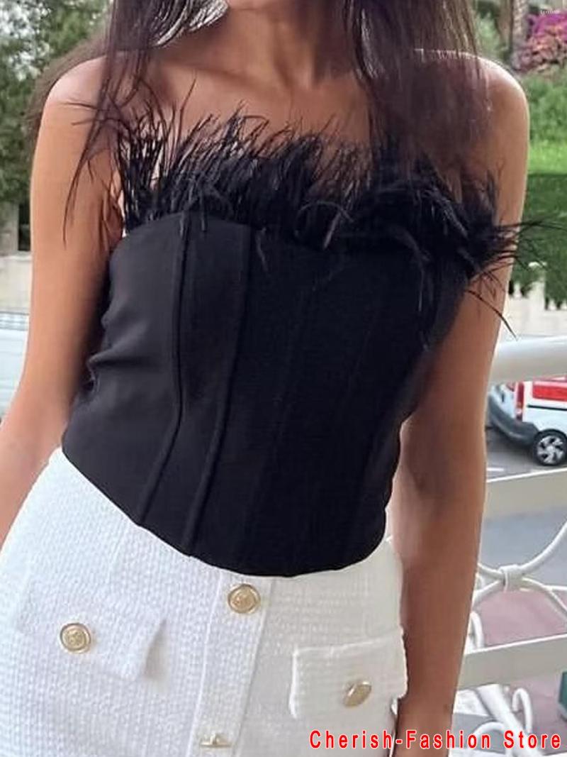 

Women' Tanks 2023 Fashion Women Feather Top Sexy Off Shoulder Cropped Tube Furry Crop Party Club Tank Woman White Black Tops Cute Brand, She8368 black