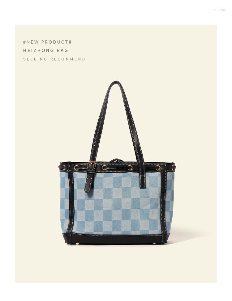 

Evening Bags 2023 Women's Fashion Simple Canvas Checkerboard Tote Bag Large Capacity Denim Portable Shoulder, Blue