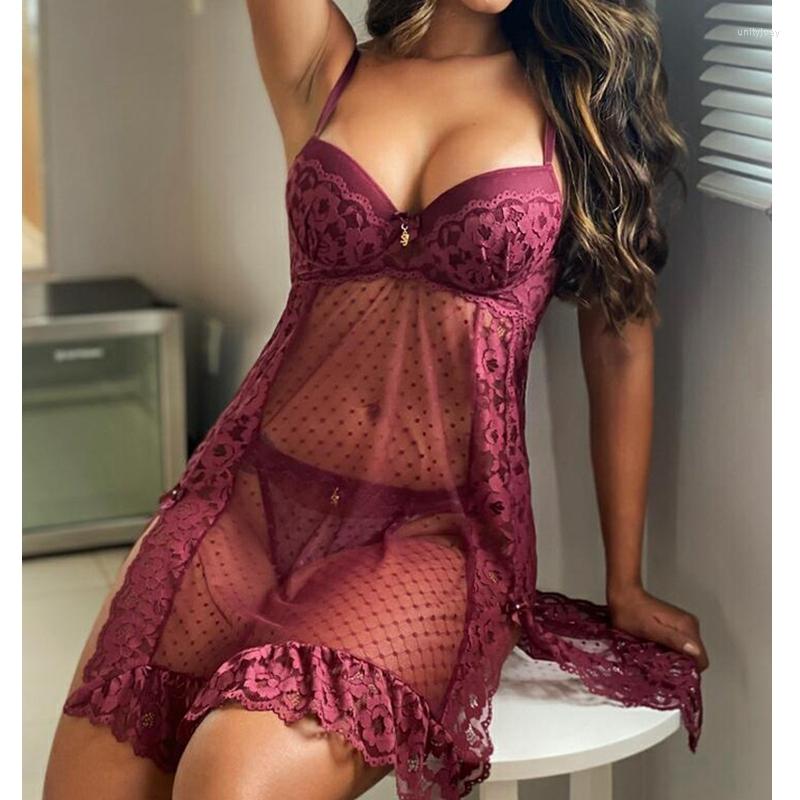

Bras Sets Wepbel Polka Dot Lace Nightdress Pajamas Sleepwear Babydoll Lingerie Set For Women Sexy Spaghetti Strap Bra, Black