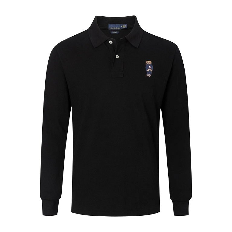 

Men' T-shirt long sleeve polos shirt 100% cotton embroidered bear leisure business sports lapels, Green