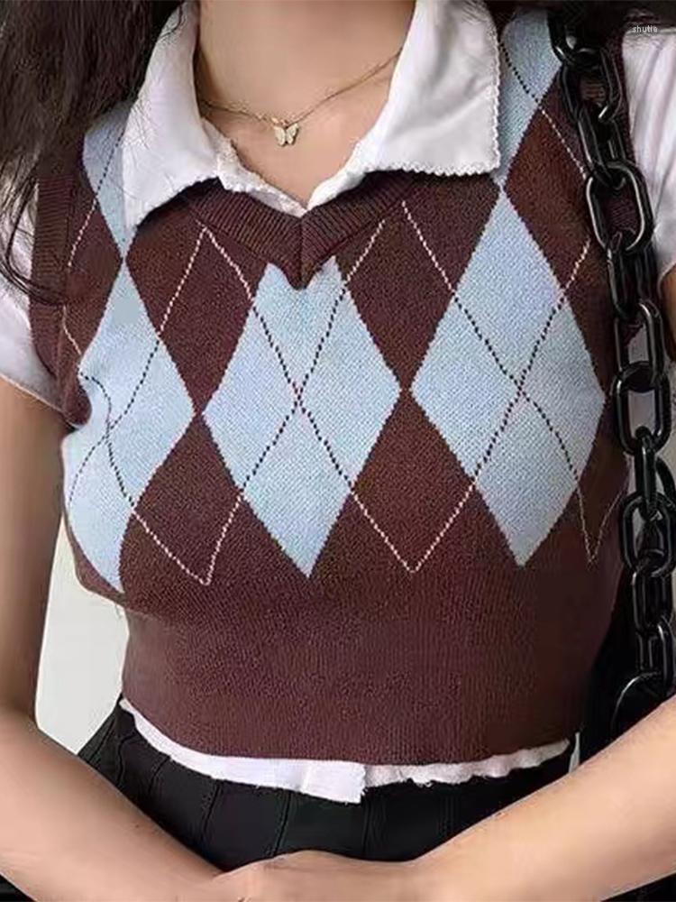 

Women' Tanks Women Tank Tops Sweater Pullover Plaid Autumn Casual Sleeveless Vintage Harajuku Streetwear Aesthetic Korean Fashion Y2k, Coffee