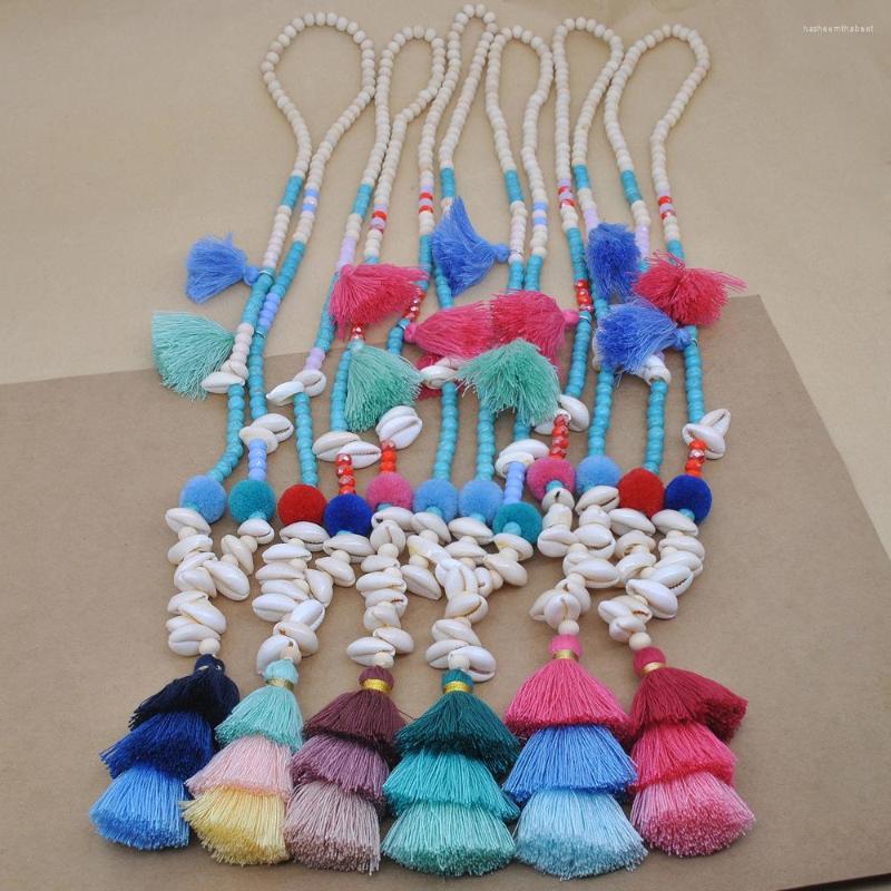 

Pendant Necklaces Bohemia Sweater Chain For Women Wood Beadd Colorful Tassel Charm Sea Shell Turquoises Long Beach Jewelry