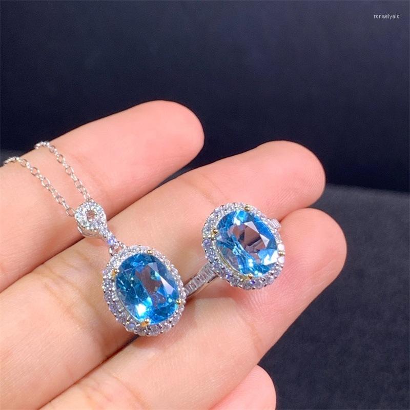 

Choker Navy Topaz Oval Open Ring Female Pendant Necklace Set