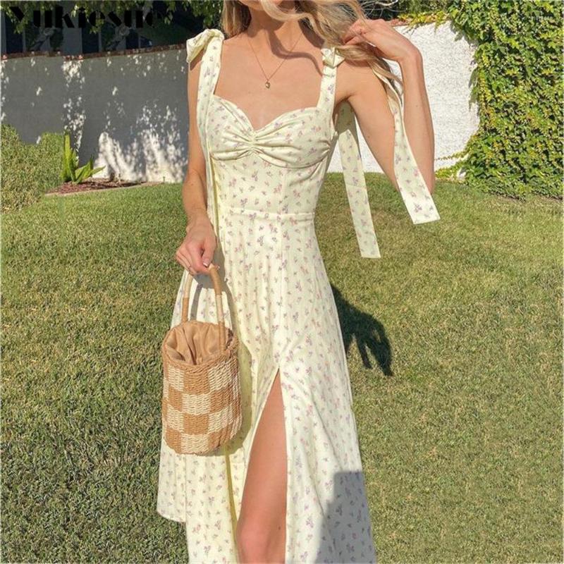 

Casual Dresses 2023 Summer Puff Sleeve Midi Floral Dress Women Retro Elegant Sexy Split Sundress Ruched Drawstring, White