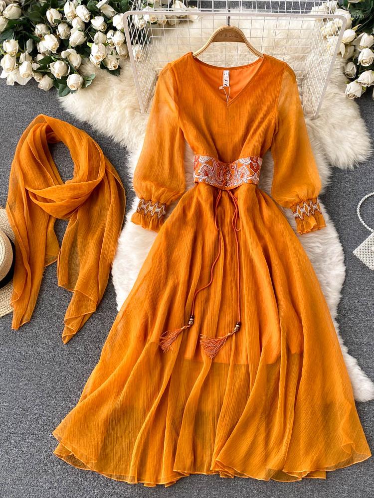

Casual Dresses Vintage Autumn Women Bohemian Ethnic Dress Travel Holiday Embroidered Long Sleeve Ladies Yellow Ankle-length Summer Maxi, Orange