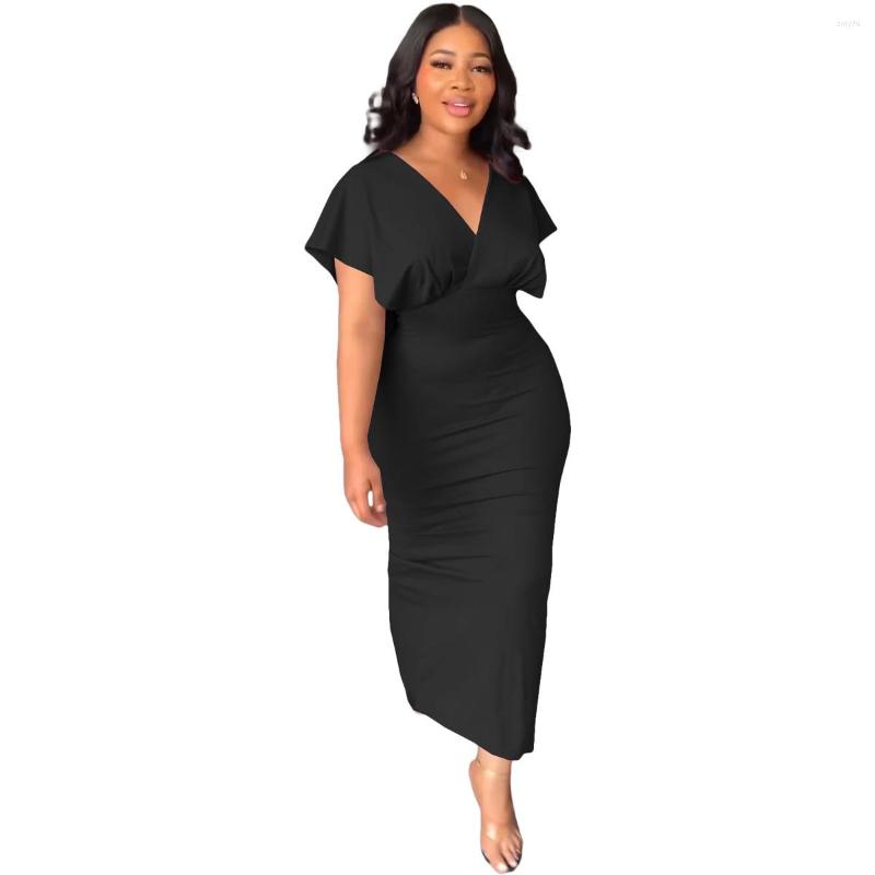 

Casual Dresses COZOK 2023 Top Quality Young Sexy Club Solid Sweet V-Neck Short Sleeve High Waist Women Long Pencil Spit Dress, Black