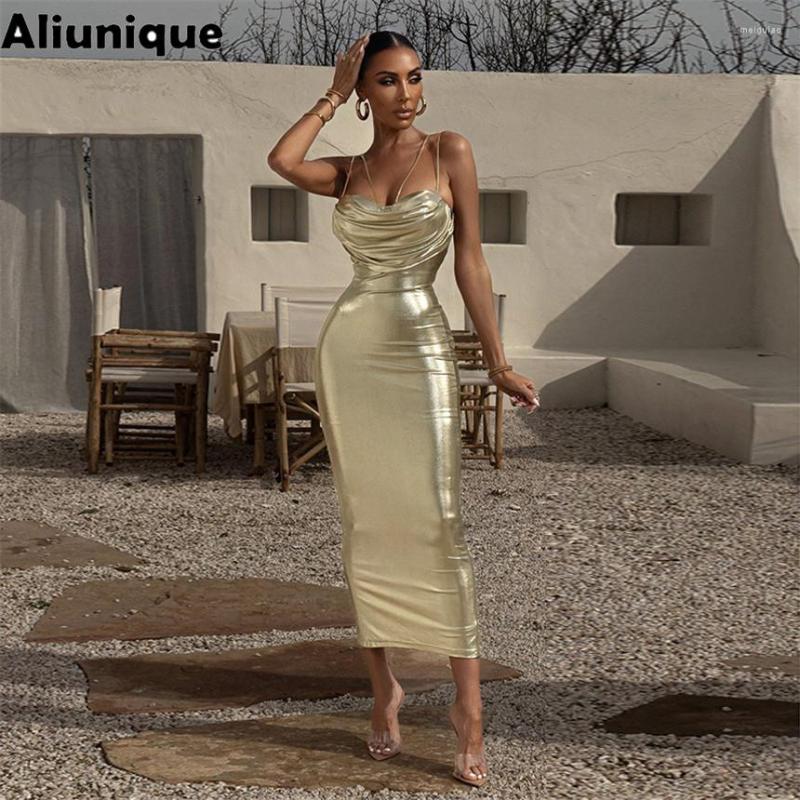 

Casual Dresses Aliunique Summer Woman Fashion Gold Slip Sexy Pile Collar Backless High Waist Dress 2023 Bodycon Mid-calf Evening Party