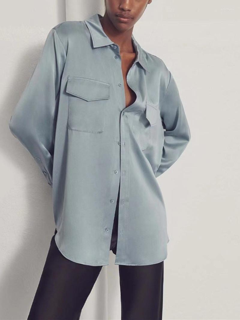 

Women' Blouses Women Shirt Solid Color Turn Down Collar Single Breasted Pockets Simple Silk Blouse, Blue