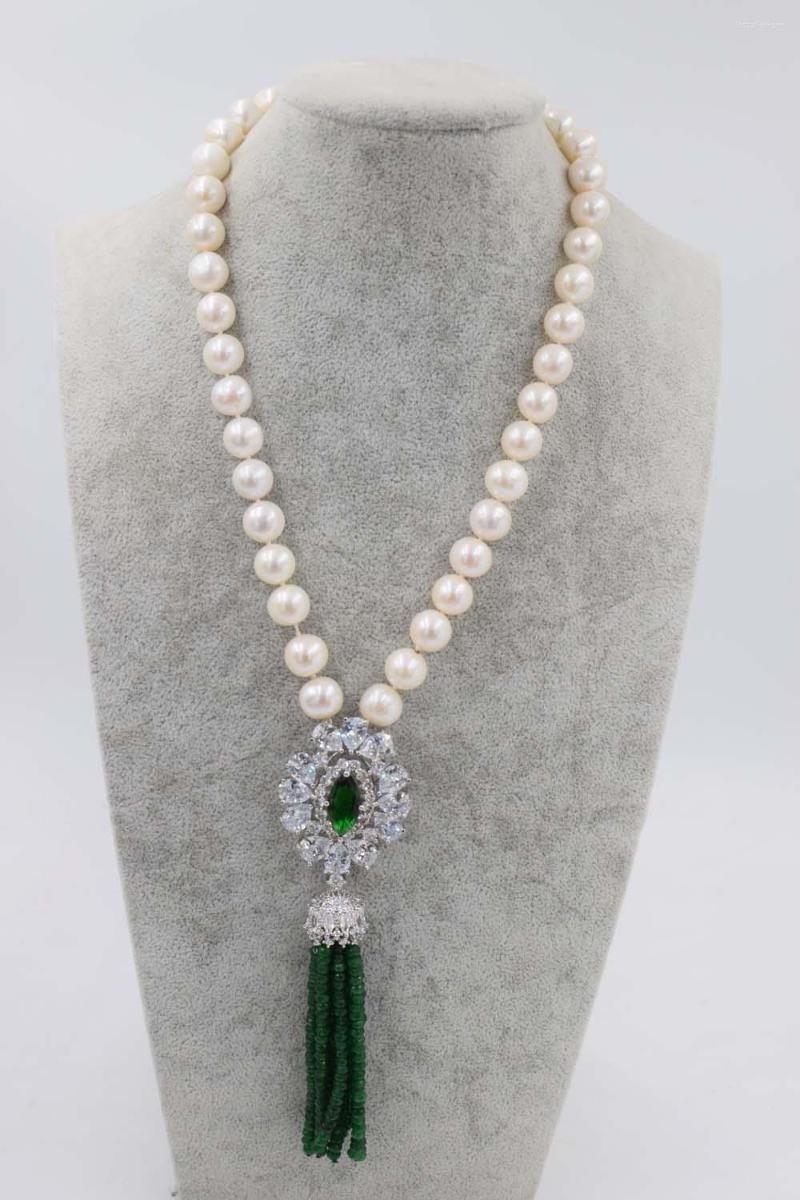 

Chains Hand Knotted Necklace Freshwater Pearl White Near Round 10-11mm Jades Red Green Neck 18inch