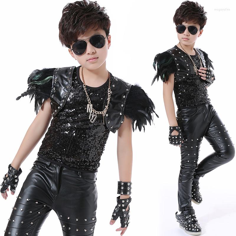 

Stage Wear 2023 Black Feather Rivet Leather Jazz Dance Costumes Sequins Vest Children's HipHop Clothing Performances Outfits DQS2794, 3pcs