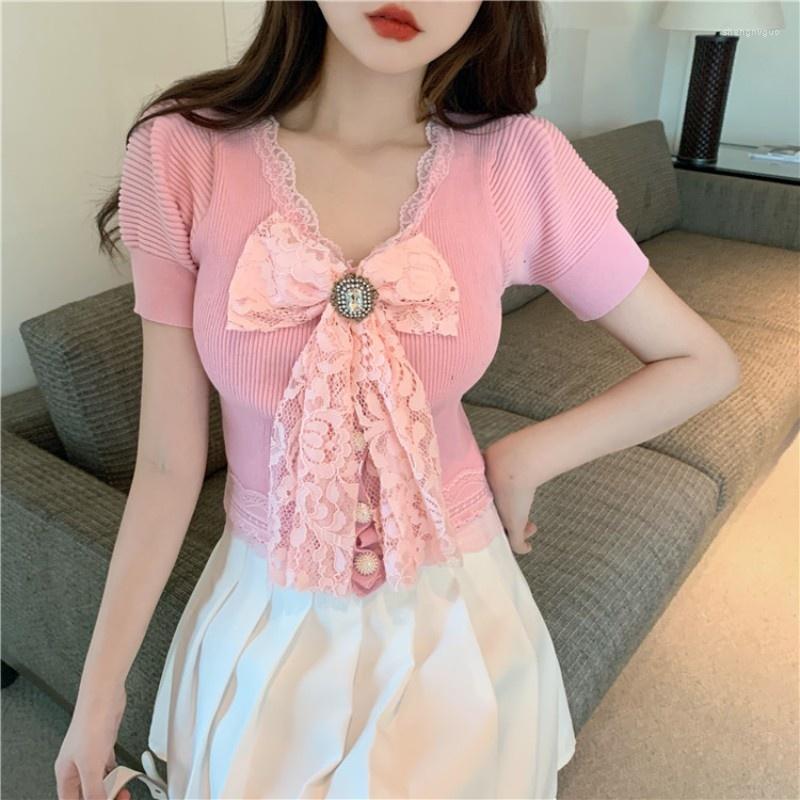 

Women's T Shirts Designer Women Sexy Slim Fit V Neck Knitted Tees Tops Lace Bowknot Crystal Short Sleeve T-Shirt Office Ladies Knitwear Top, Beige