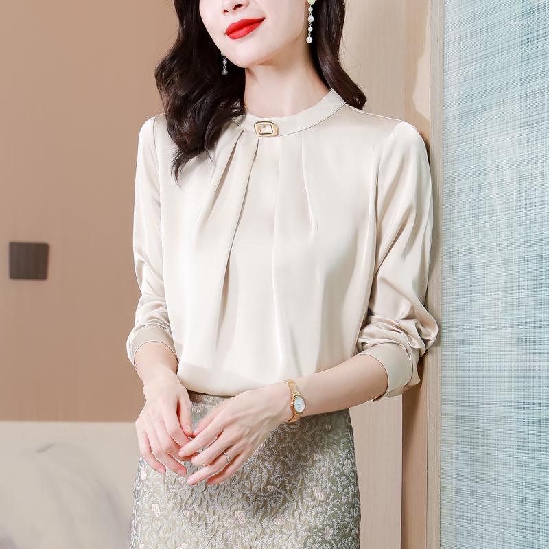 

Women' Blouses Chikichi Champagne Stand Collar Shirt Satin Women Blouse 2023 Autumn Fashion Office Ladies Long Sleeve Top