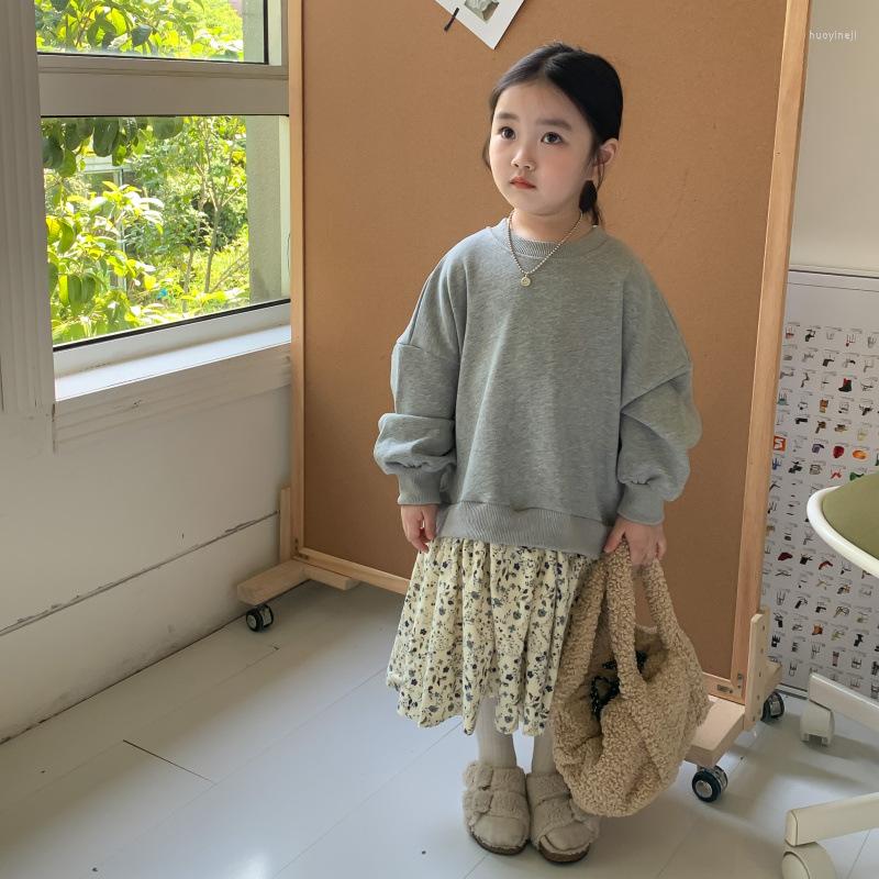 

Girl Dresses 2-6Years Girls 2023 Spring Korean Toddler Sweatshirt Dress Patchwork Floral Kids Fake Two Pieces, Gray