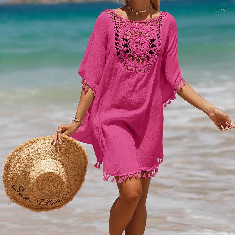

Women's Swimwear Tassels Crochet Beach Dress Bikini Cover Up Women Beachwear Bathing Suit Coverup Outfit Holiday Robe De Plage, Pink
