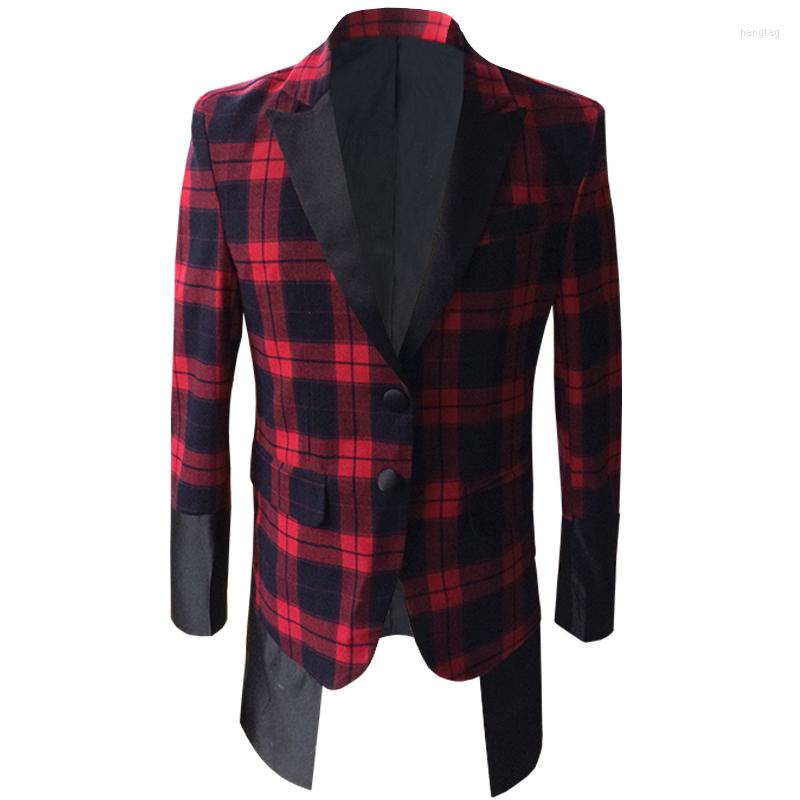 

Men's Suits 2023 Men's Red Plaid Suit Performance Stage Male Singer Medium Length Personality DJ