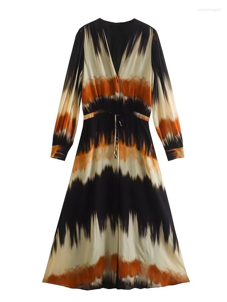 

Casual Dresses YENKYE Women Tie Dyed Print Long Dress Vintage Drastring Waist V Neck Female A-line Spring Vestido, Picture shown