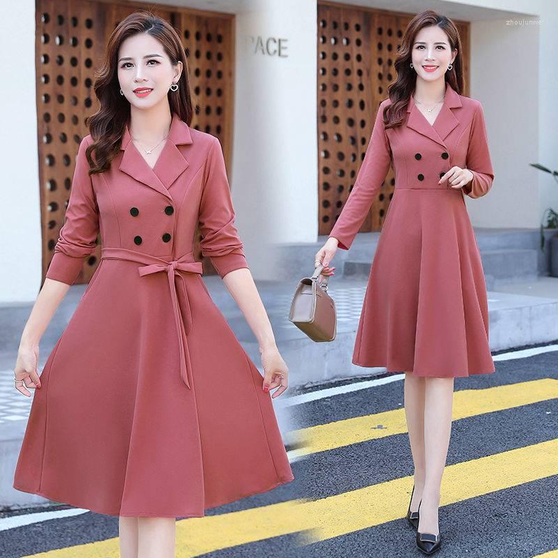

Casual Dresses Spring Autumn Women Middle Aged Long Sleeve Suit Lapel Dress Elegant Ladies Office Mid Draw VestidosR1719, Pink