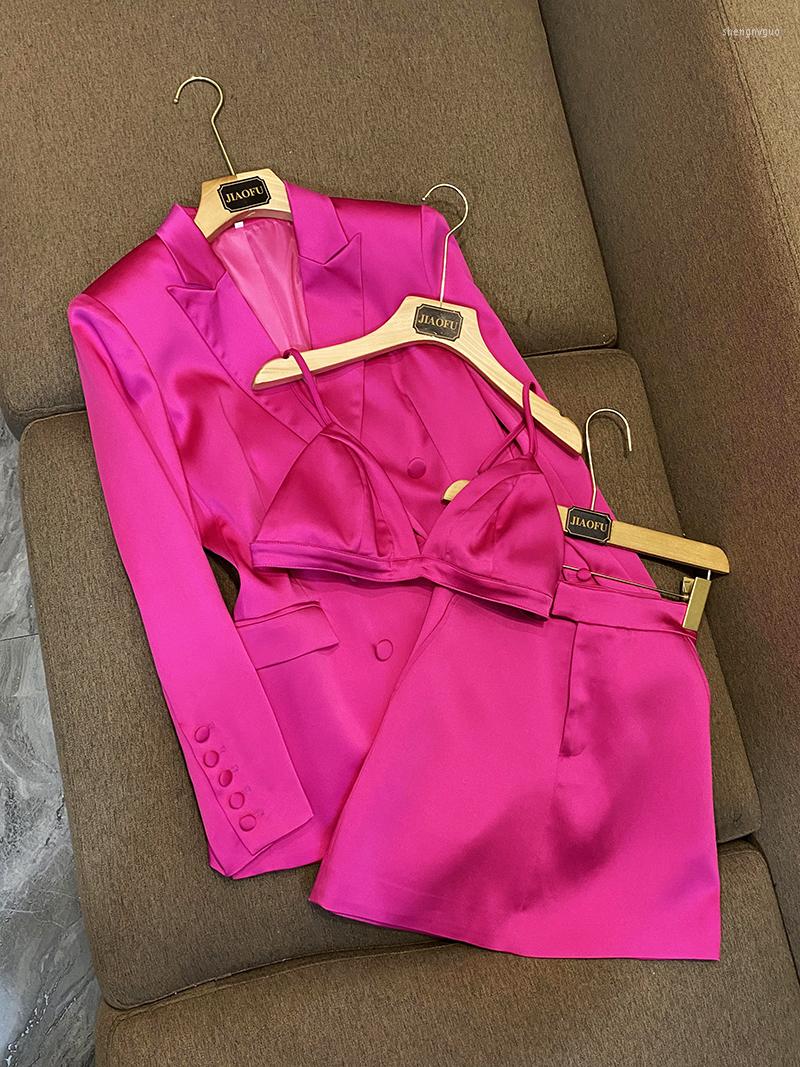 

Two Piece Dress Bright Rose Red Quality Satin Suit For Women Solid Double-breasted Blazer Minin Skirt With Bra 3Pcs Lady