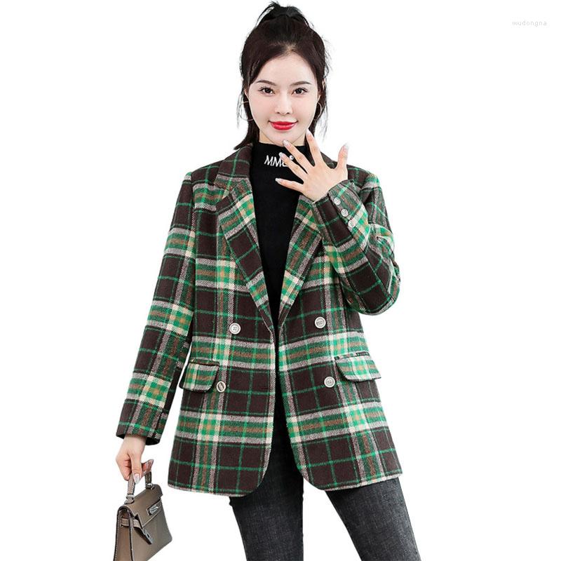 

Women' Wool 2023 Women Autumn Winter Plaid Woolen Coat Female Mid-length Thicken Add Cotton Loose Jacket Outwear Overcoat, Green