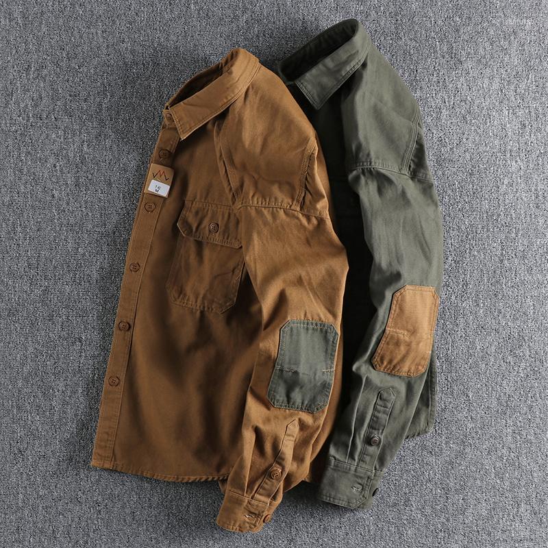 

Men's Casual Shirts Sleeve Patch Washed Grain Woven Cotton Long Shirt Men's Daily Tooling Retro Trend Youth Thin Coat, Army green